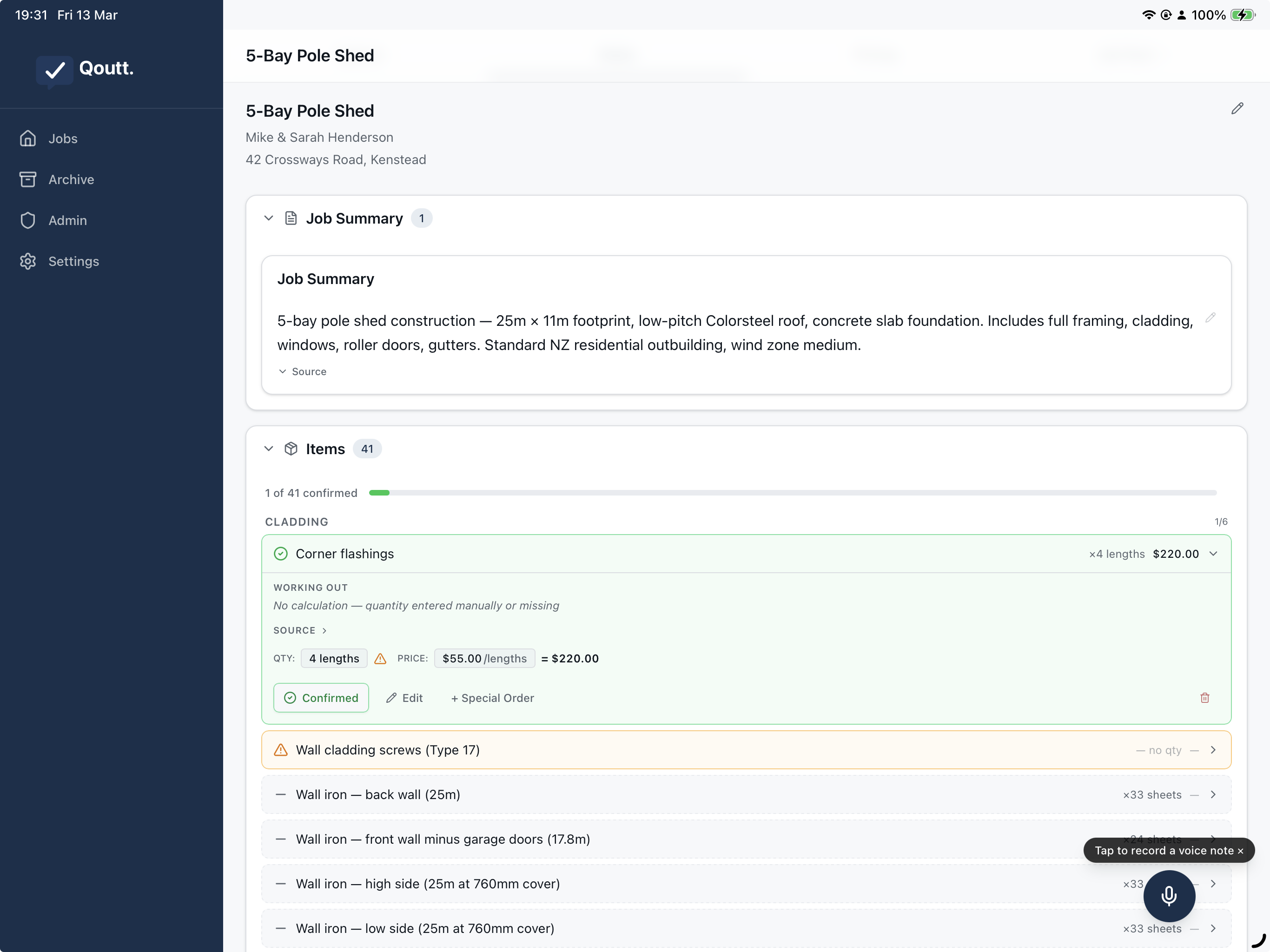 Qoutt working-out view on tablet showing quantity calculations