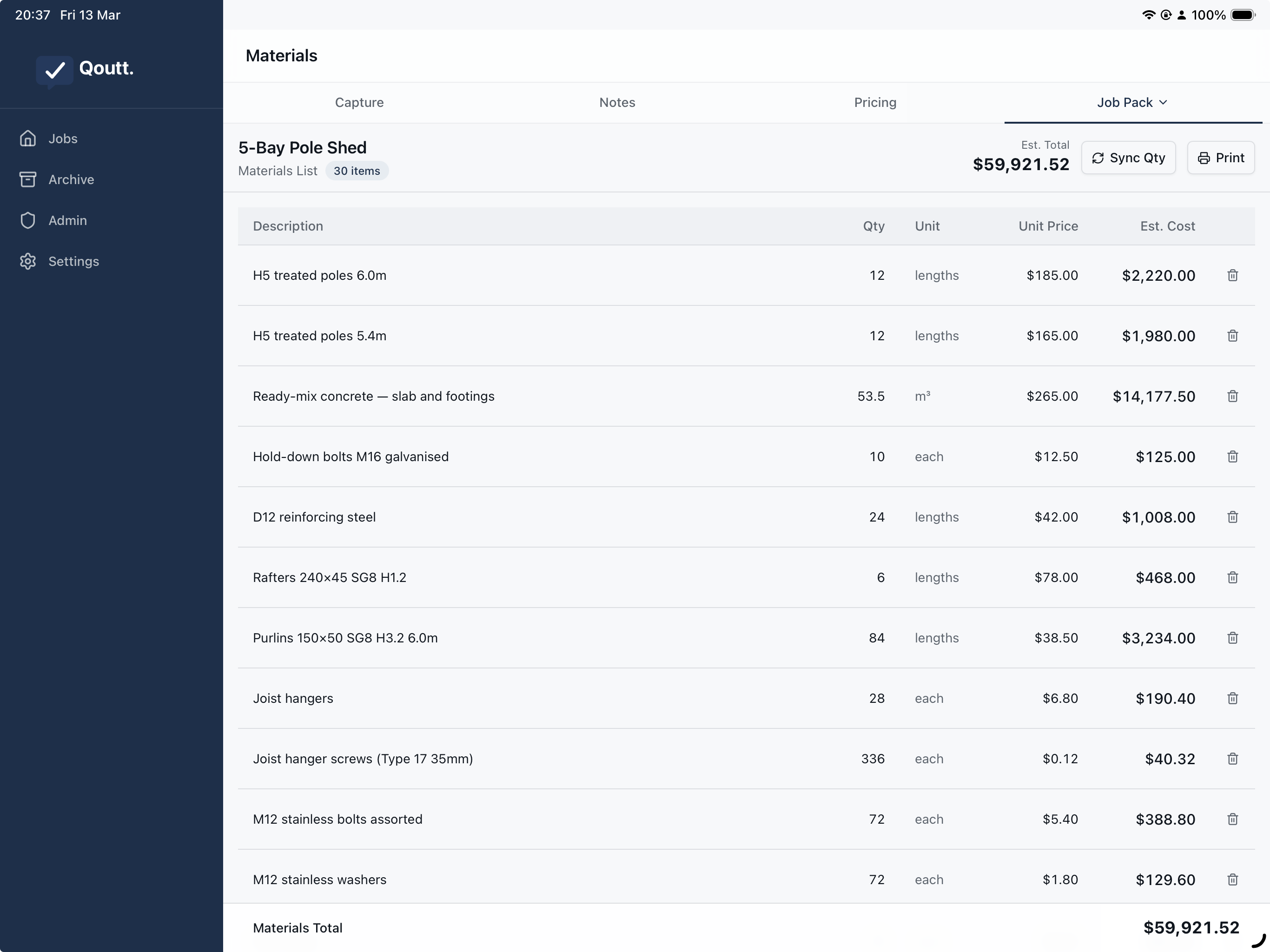Qoutt materials list pricing view on tablet