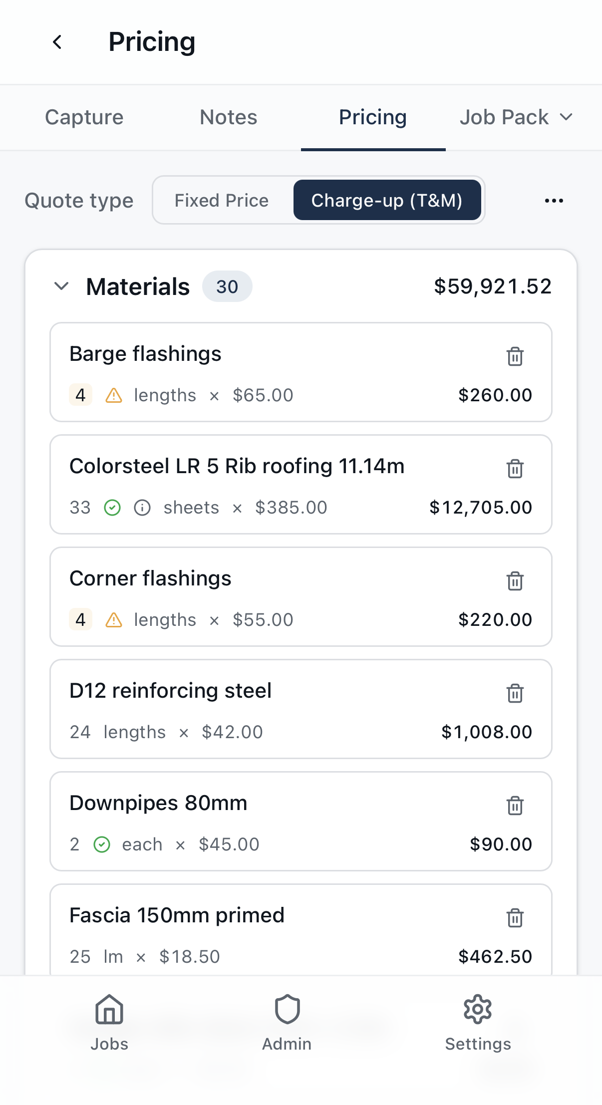 Materials and pricing breakdown