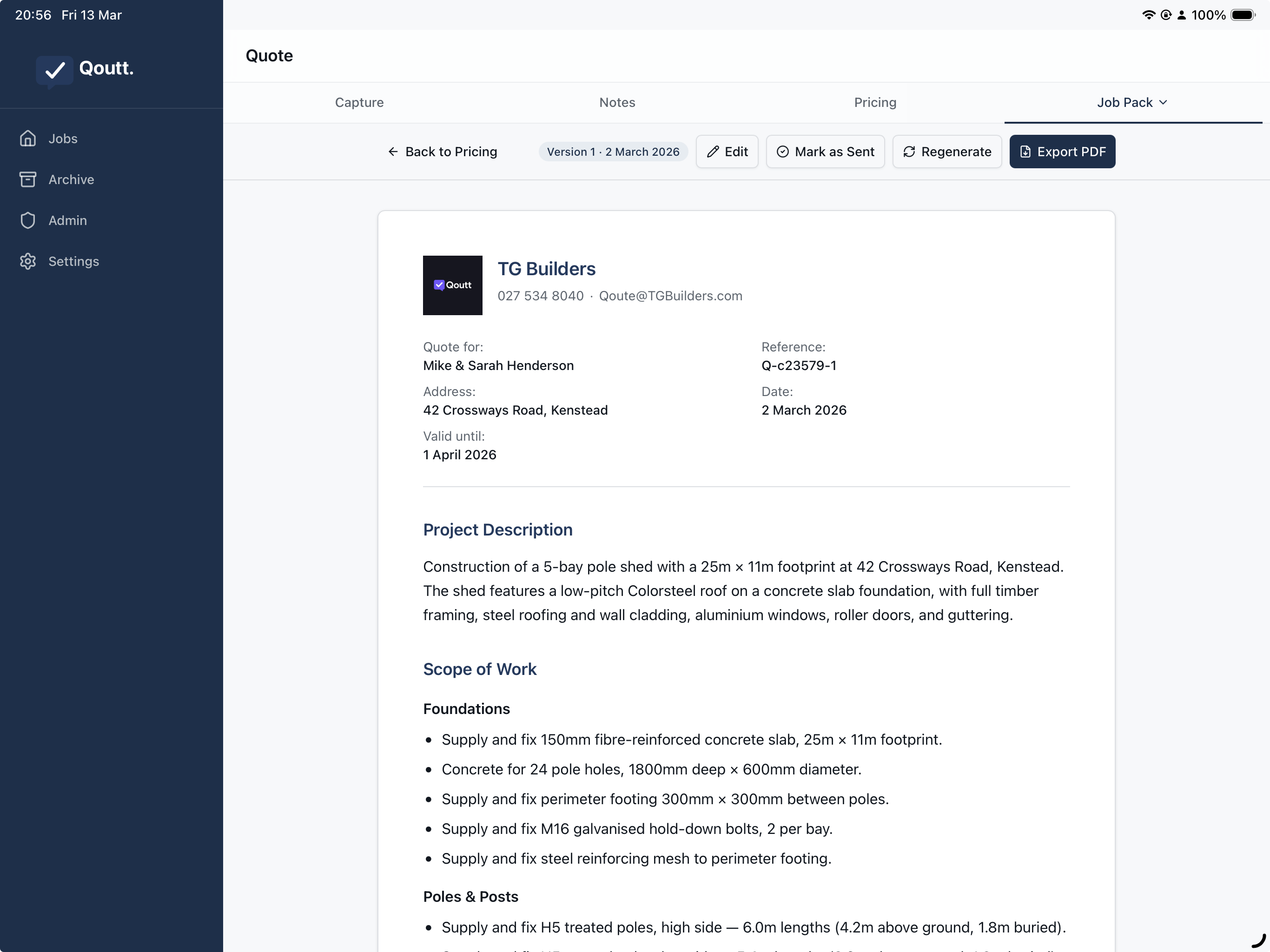 Qoutt professional quote output on tablet
