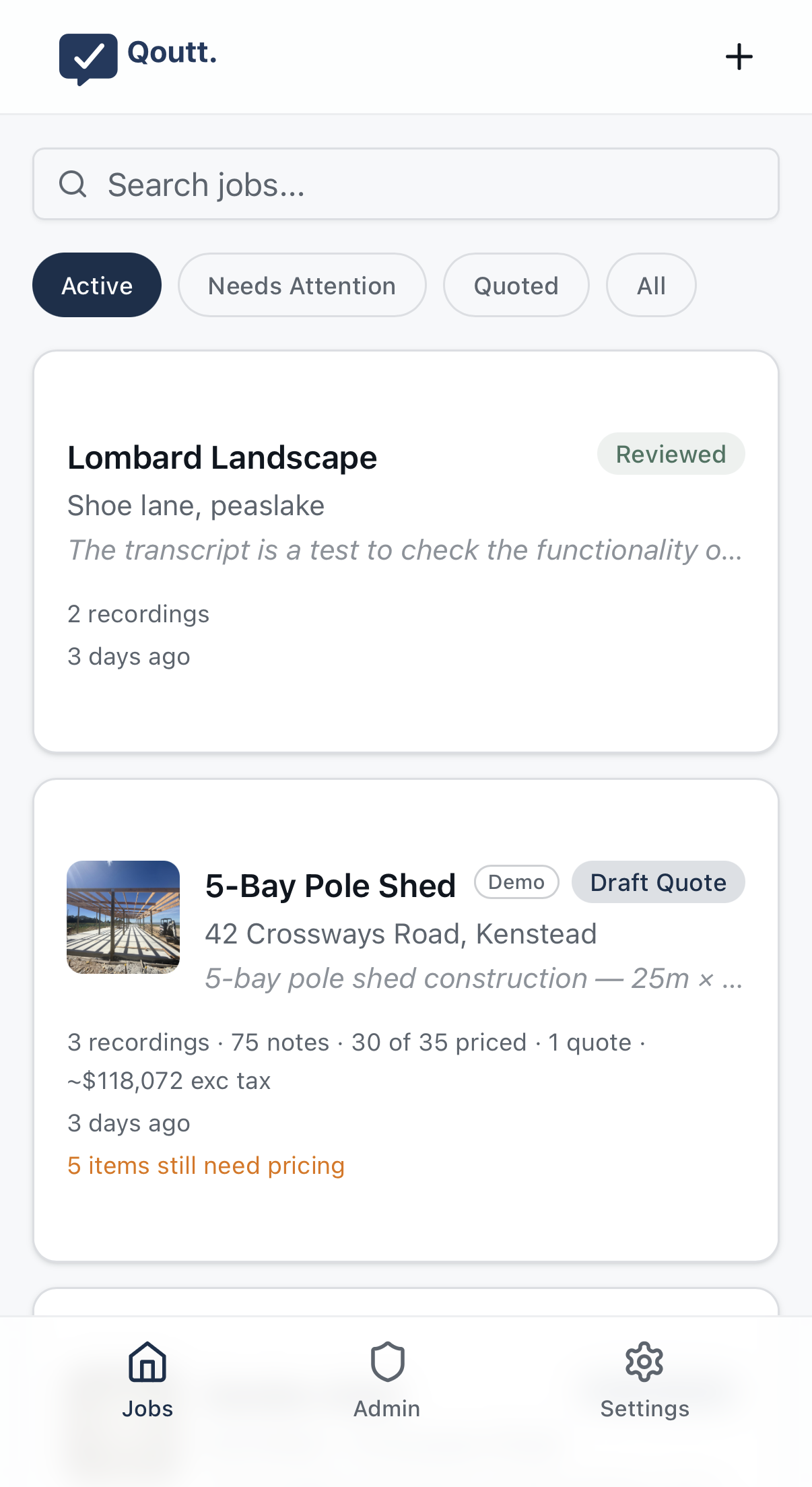 Qoutt jobs dashboard showing active jobs