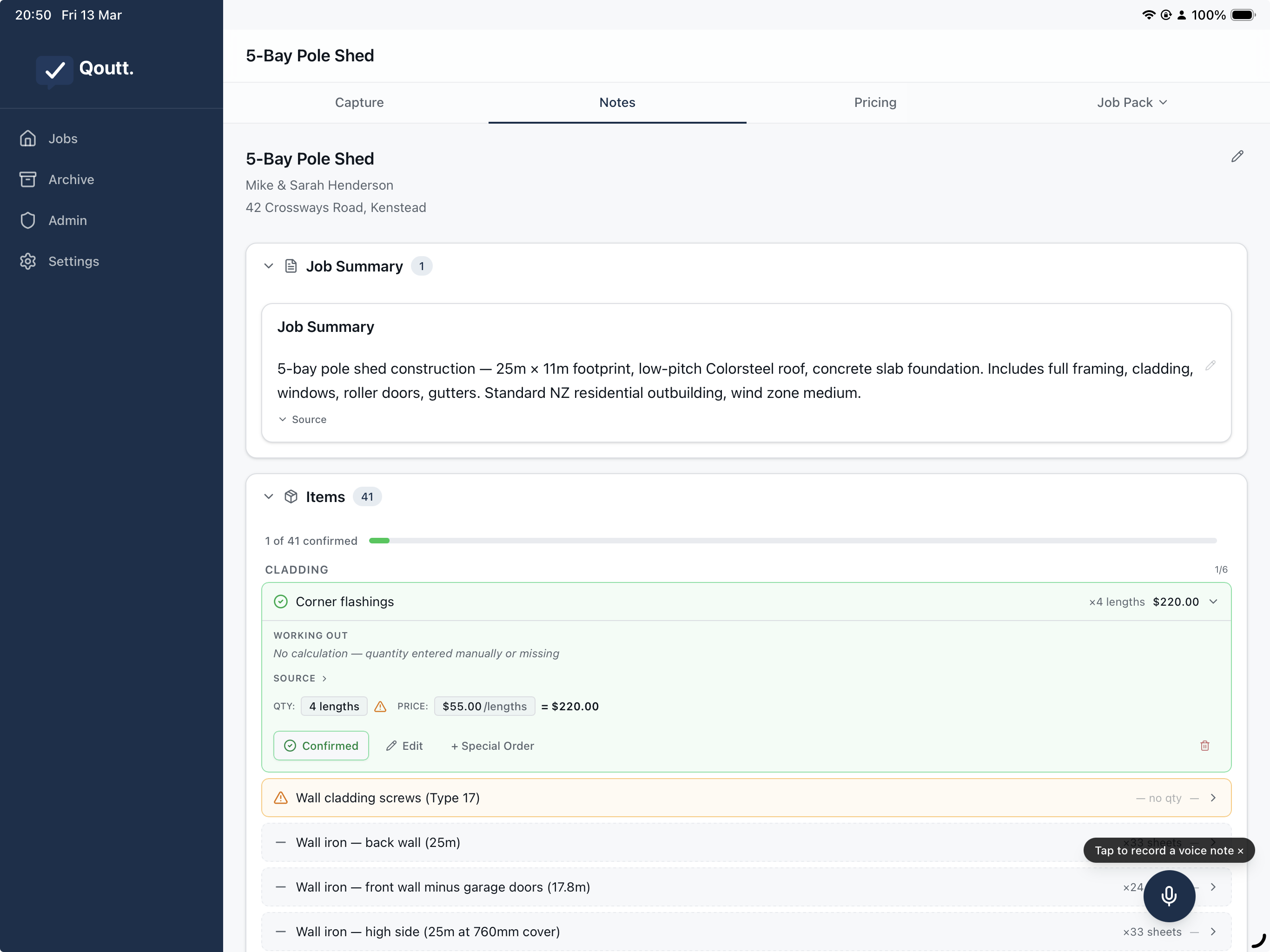 Qoutt notes page on tablet